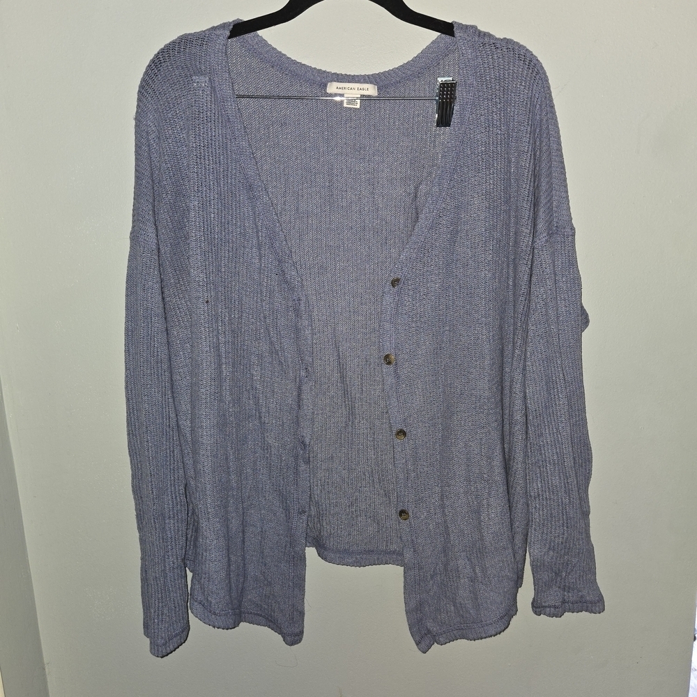 Large American Eagle Light Blue Knit Soft Sweater Cardigan Note Chipped Button